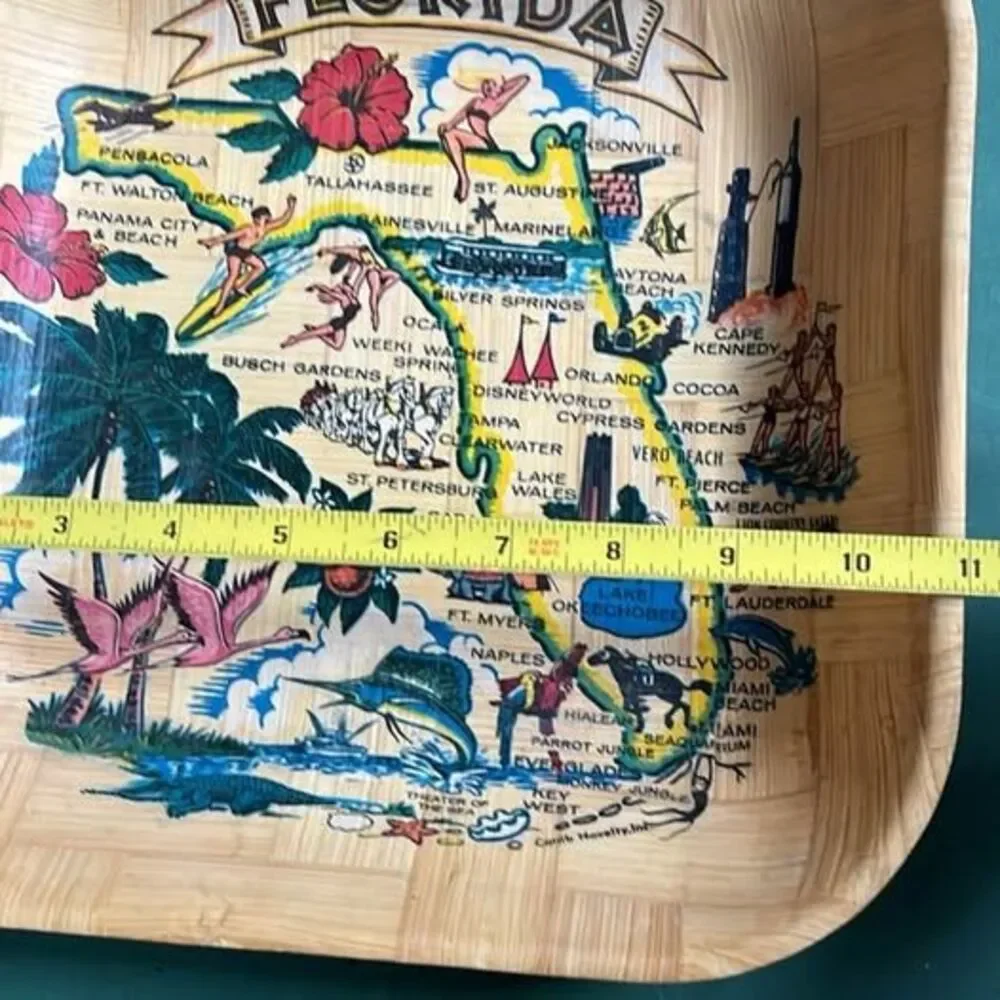 Vintage 1970s Kitsch Florida Souvenir Woven Bamboo Map Bowl - MINT with Labels